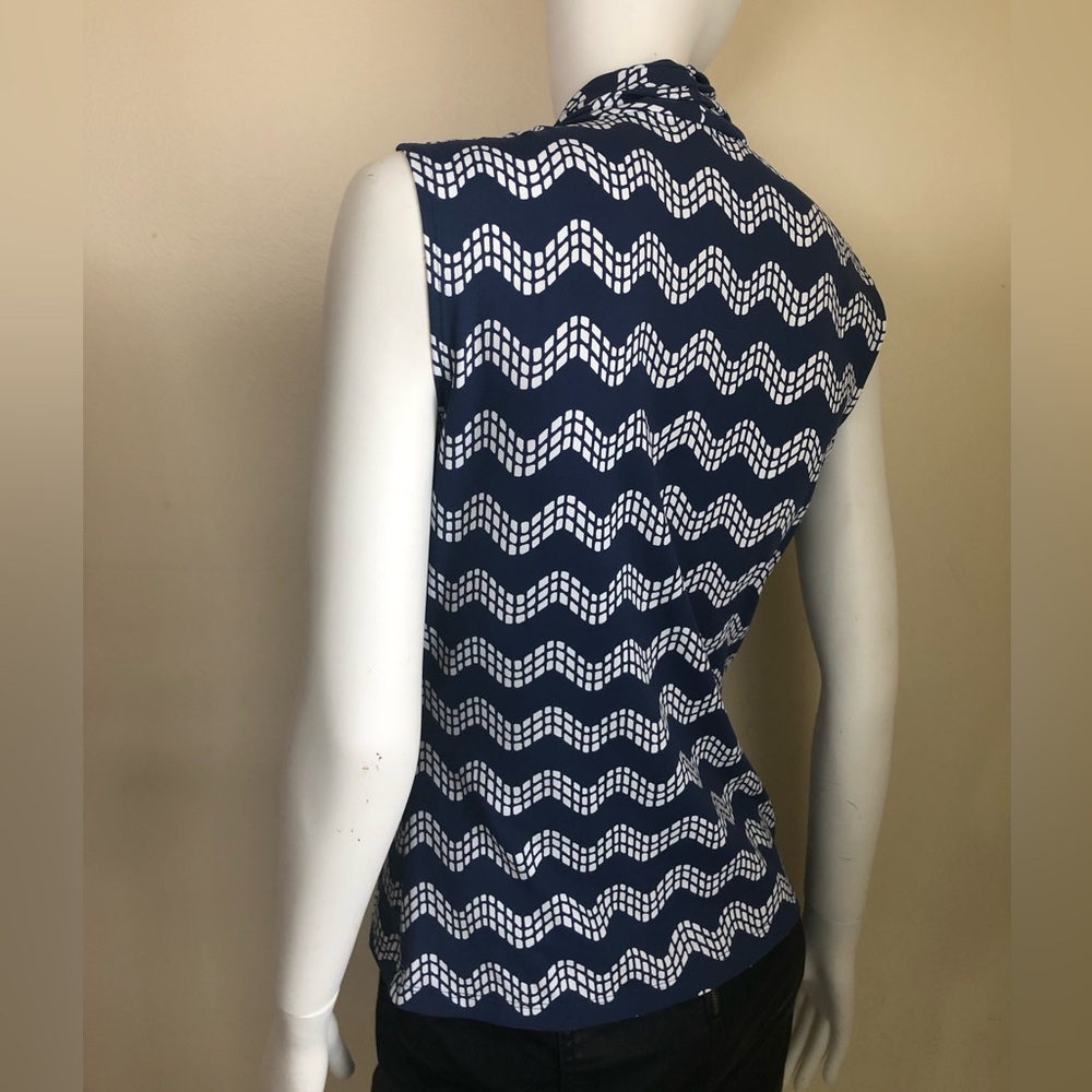 J. McLaughlin sleeveless top in blue and white faux wrap - Picture 6 of 15